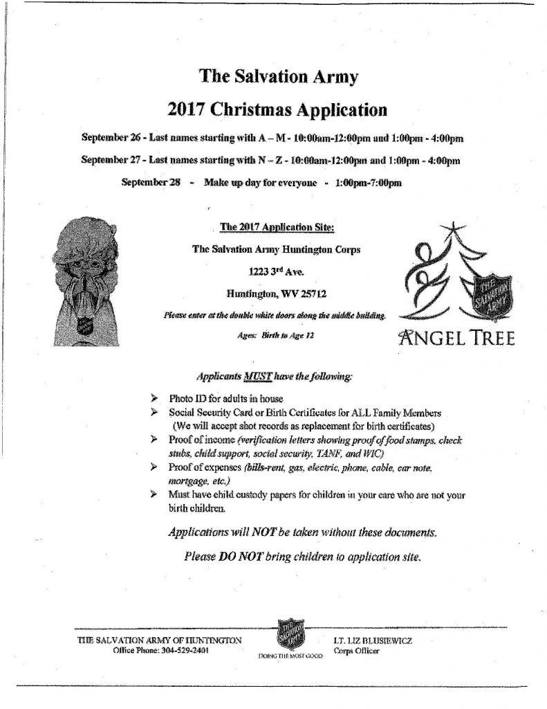 2017 Salvation Army Christmas Sign ups Sept 26, 27, 28 Cabell County